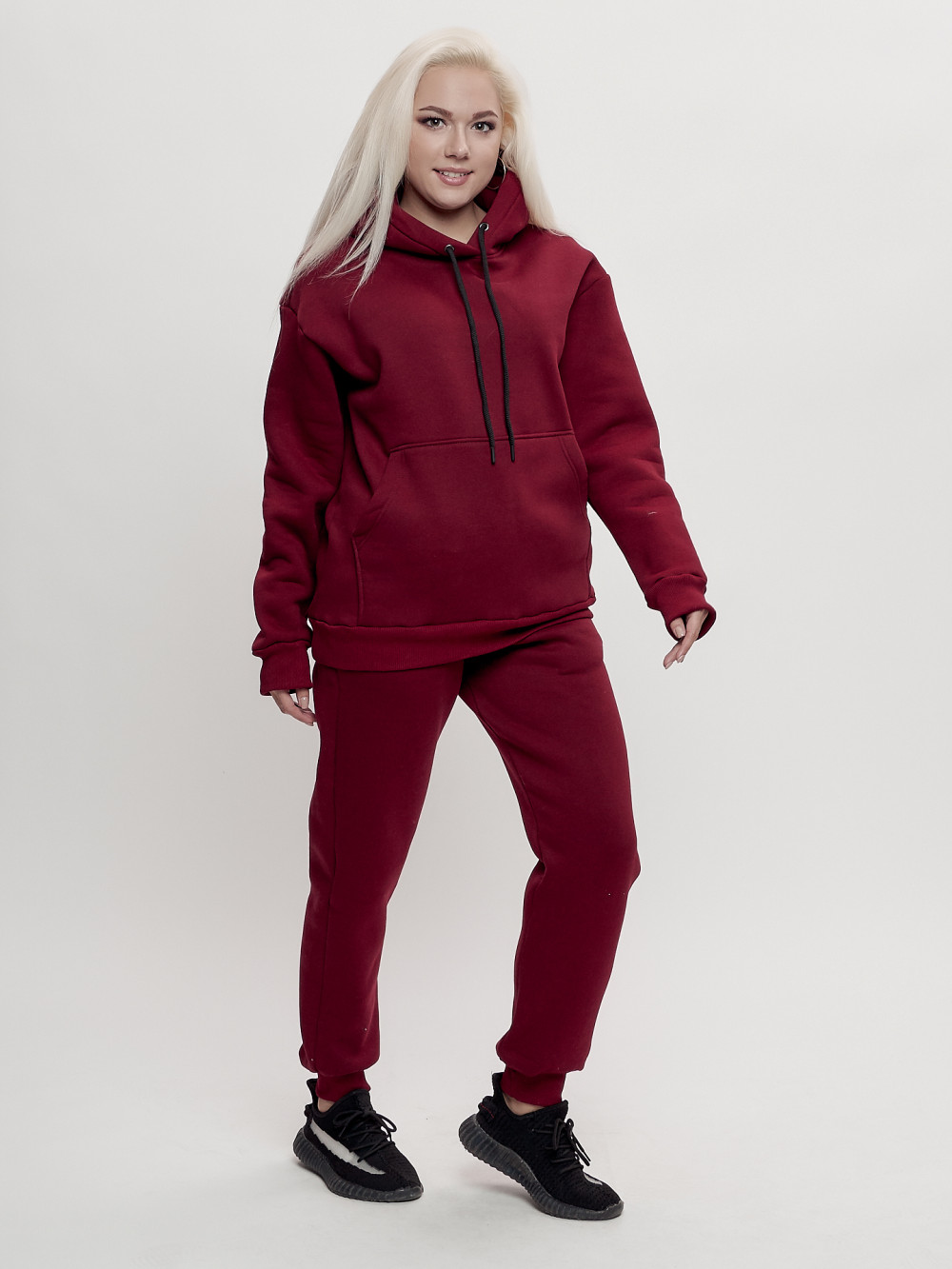 Купить оптом Трикотажный спортивный костюм женский с начесом бордового цвета 1084Bo в Екатеринбурге