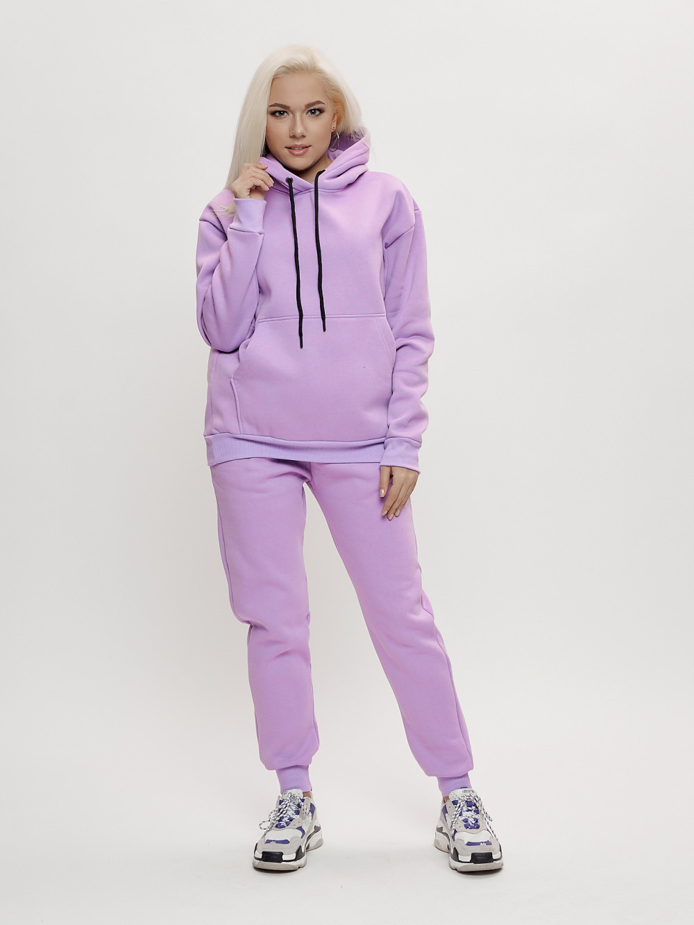 Купить оптом Трикотажный спортивный костюм женский с начесом фиолетового цвета 1084F в Казани