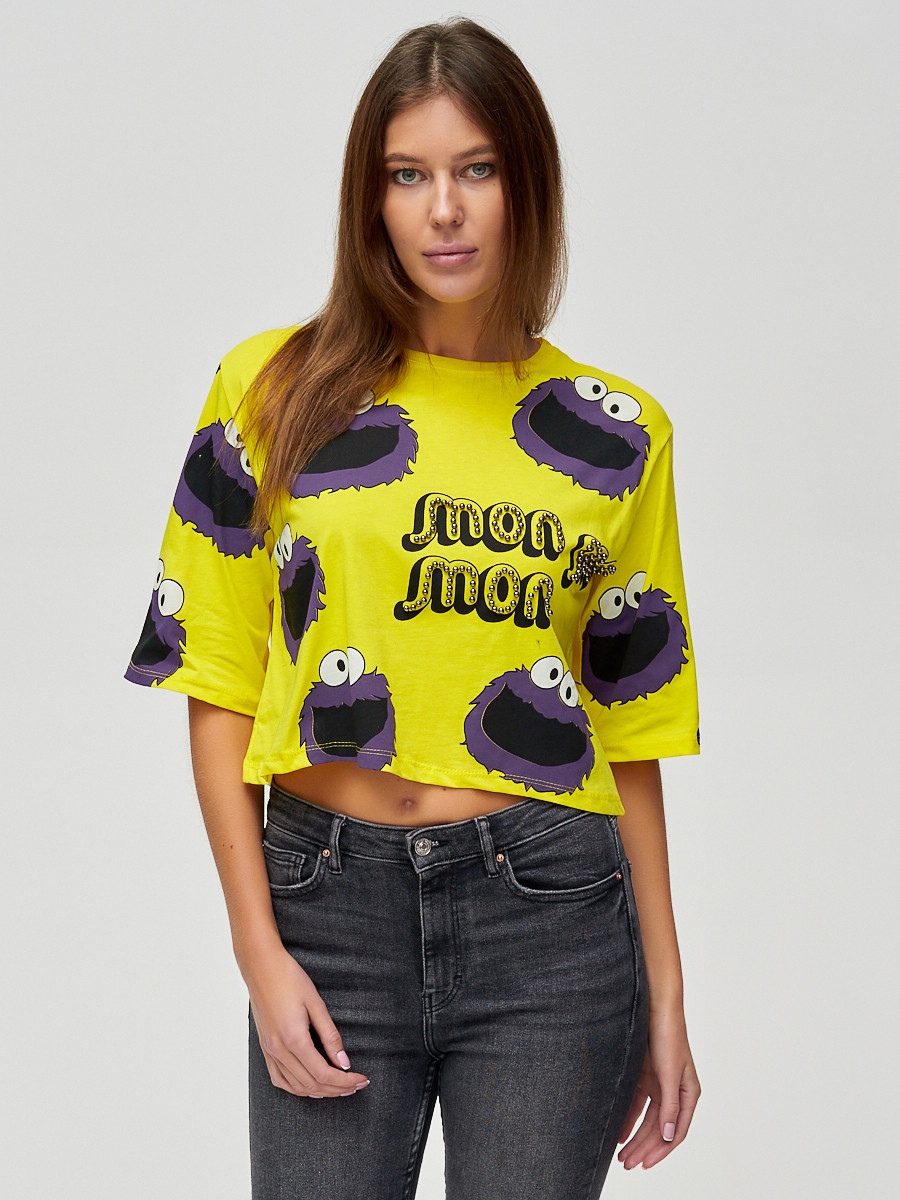 Купить оптом Топ футболка женская желтого цвета 14001J в Екатеринбурге