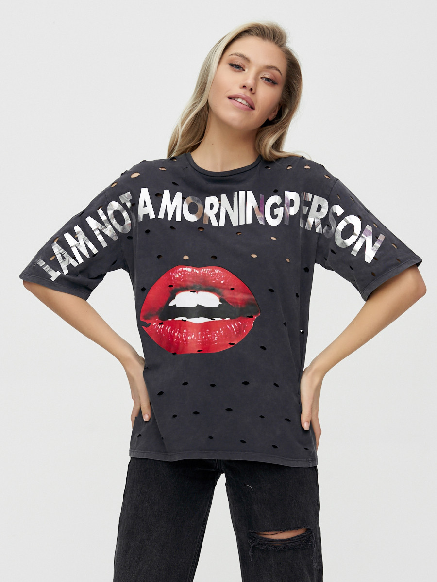 Купить оптом Женские футболки с принтом темно-серого цвета 1644TC в Екатеринбурге