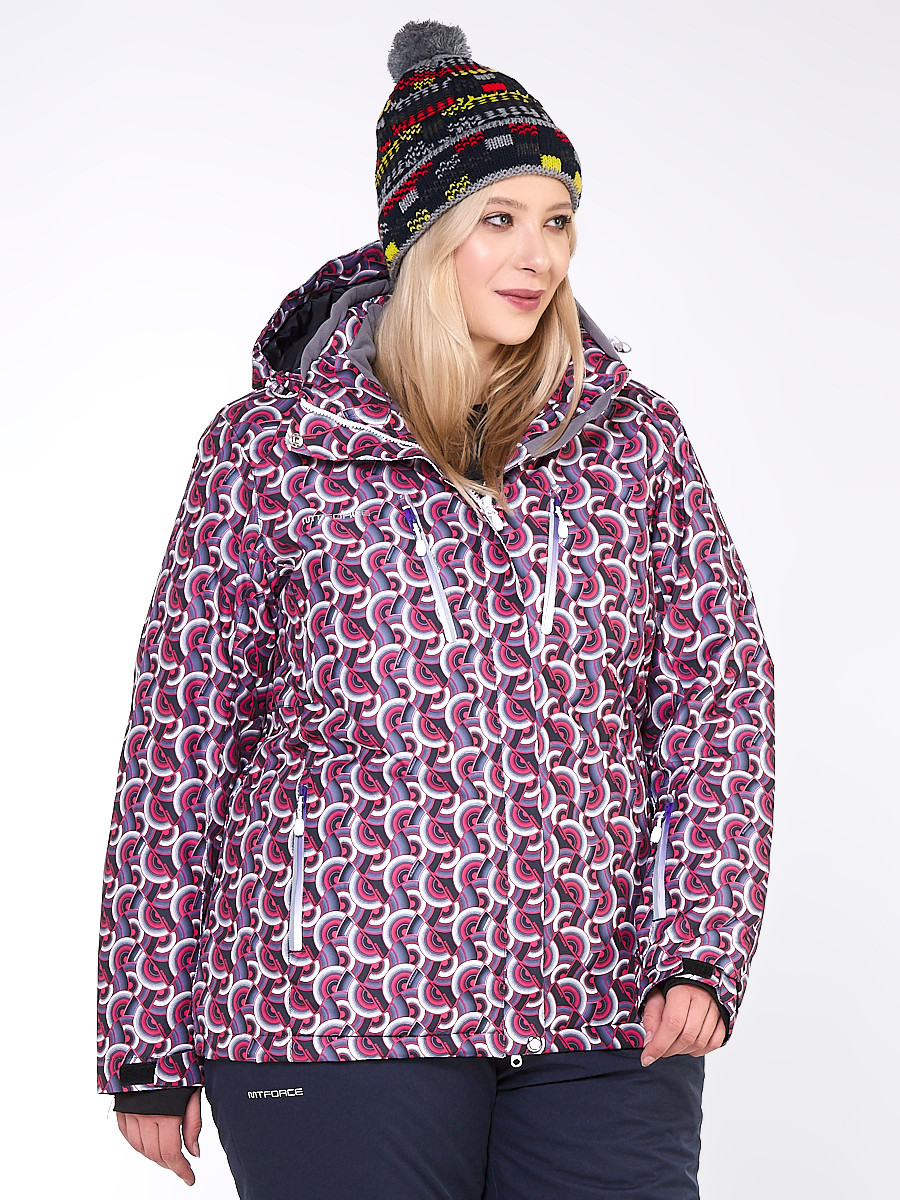 Купить оптом Куртка горнолыжная женская большого размера малинового цвета 18112M в Екатеринбурге