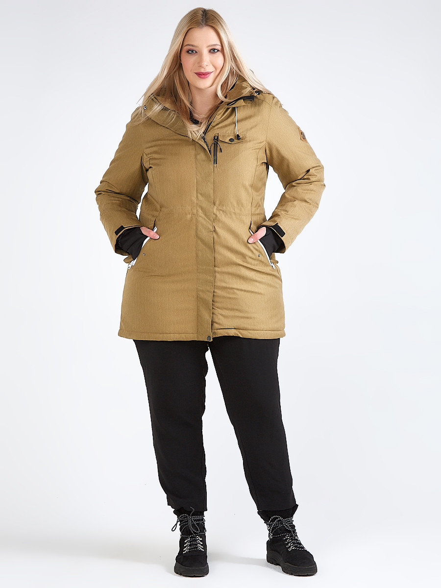 Купить оптом Куртка парка зимняя женская большого размера горчичного цвета 19491G в Екатеринбурге