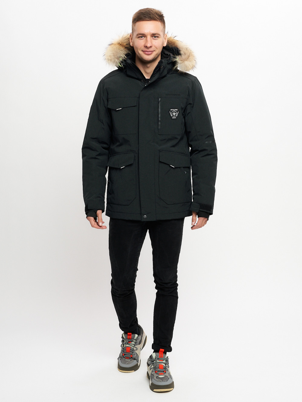 Купить оптом Куртка зимняя мужская удлиненная с мехом хаки цвета 2159-1Ch в Екатеринбурге
