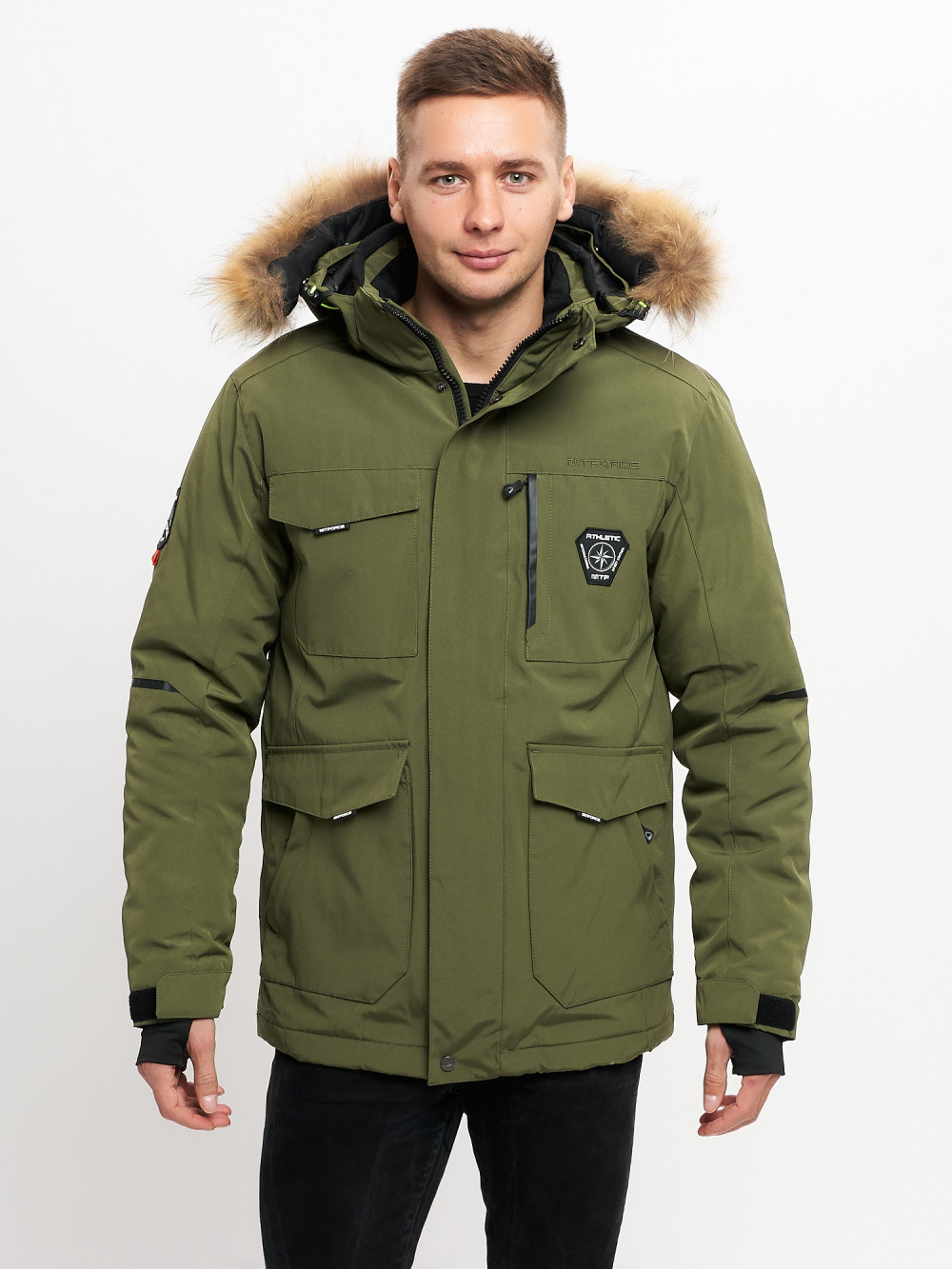 Купить оптом Куртка зимняя мужская удлиненная с мехом хаки цвета 2159-1Kh в Екатеринбурге