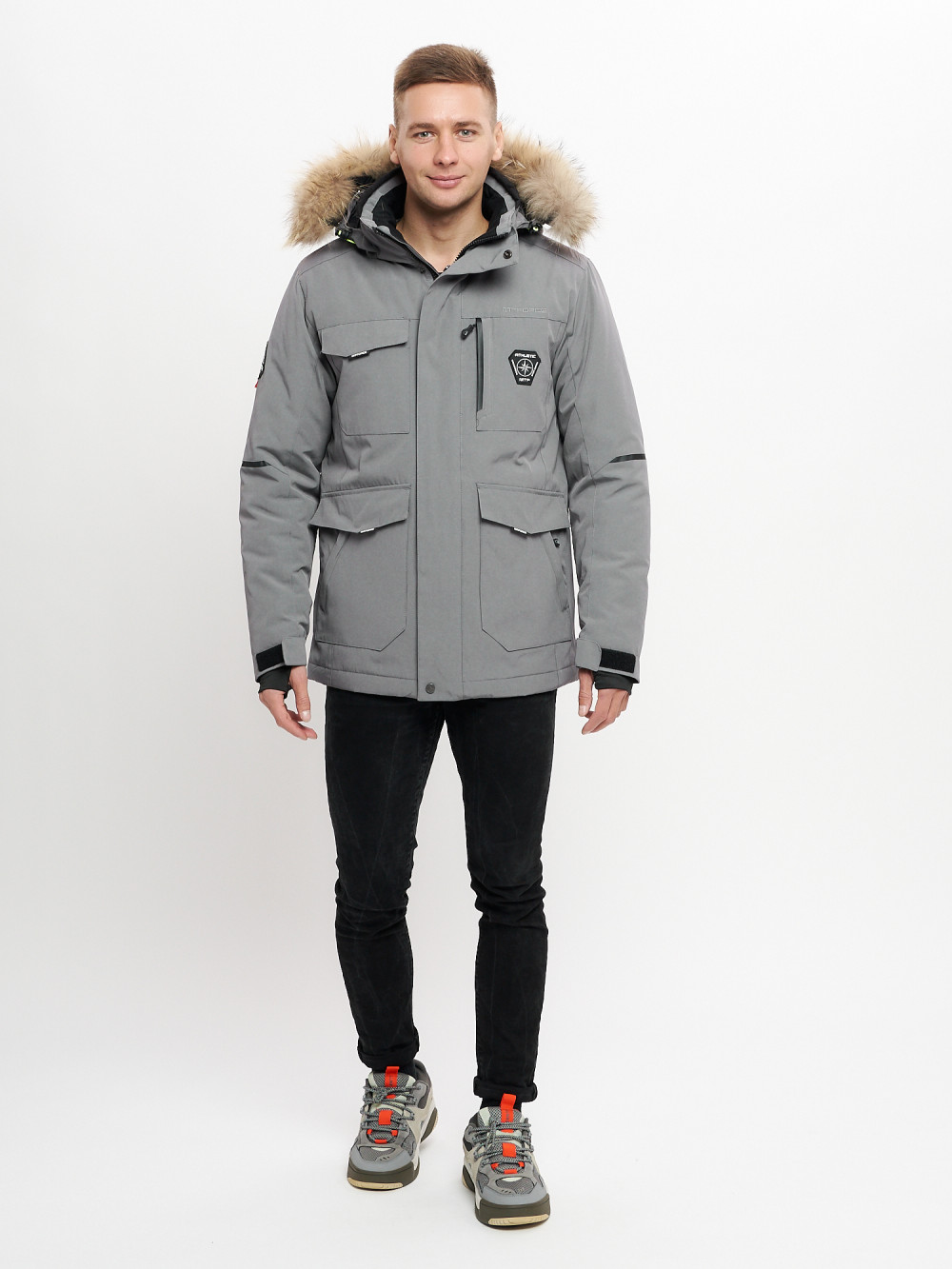 Купить оптом Куртка зимняя мужская удлиненная с мехом хаки цвета 2159-1Sr в Екатеринбурге