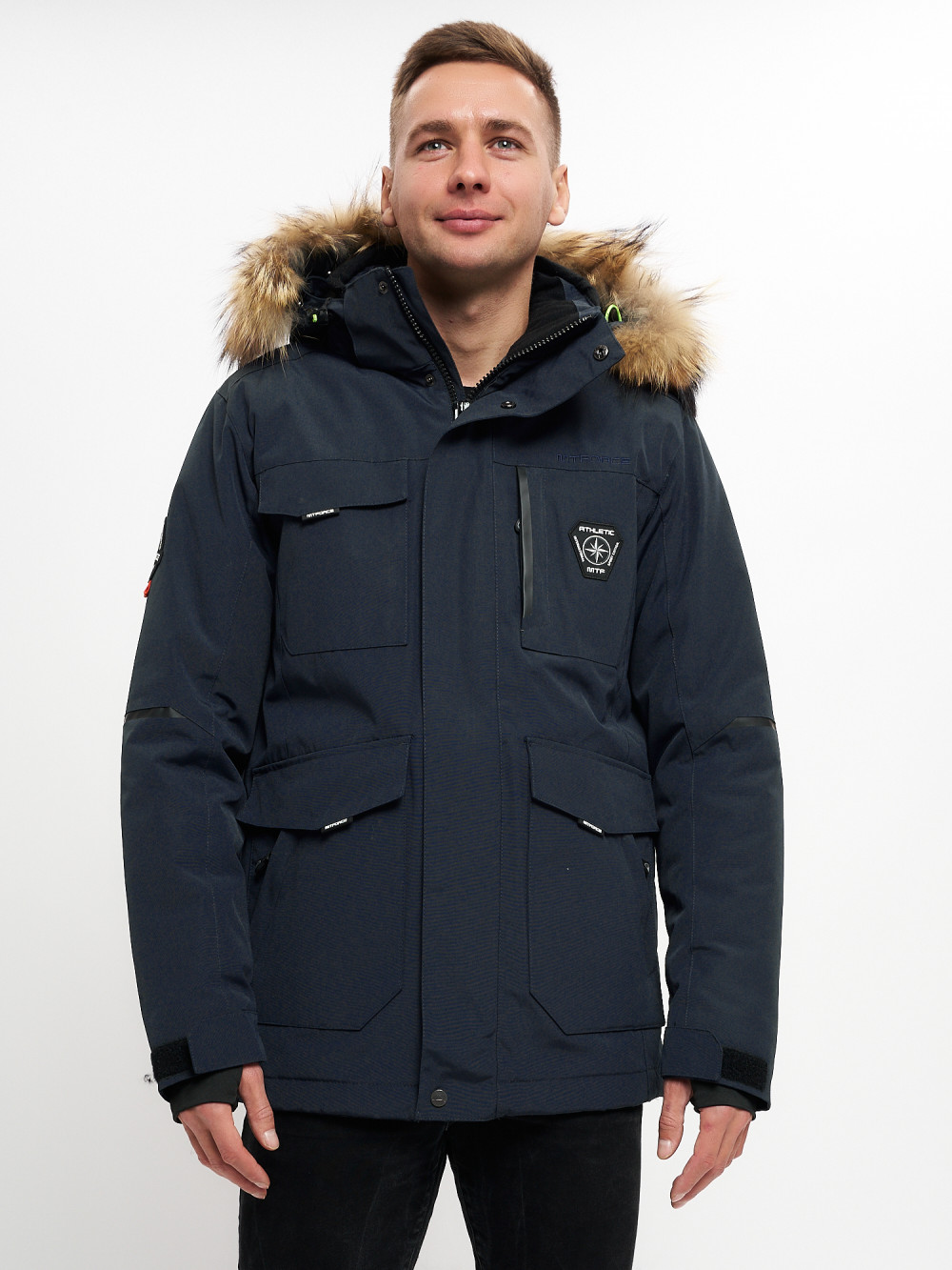 Купить оптом Куртка зимняя мужская удлиненная с мехом хаки цвета 2159-1TS в Екатеринбурге