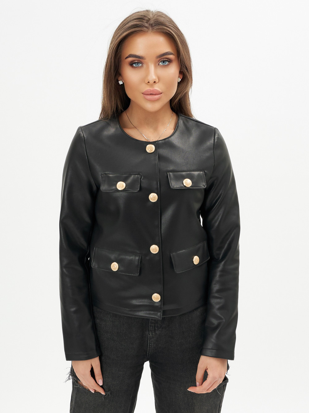 Купить оптом Короткая кожаная куртка женская черного цвета 245Ch в Казани