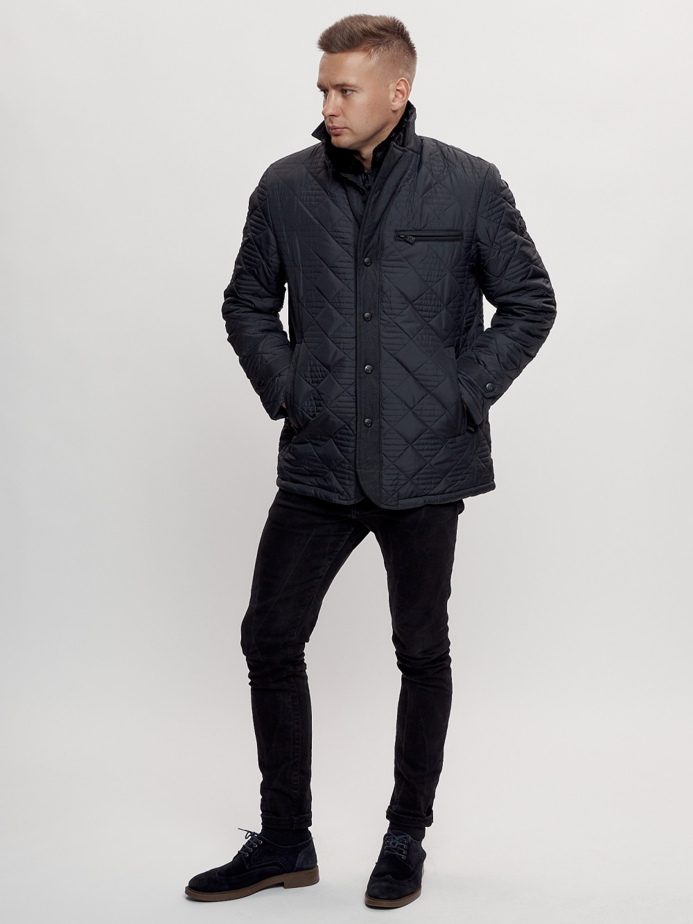 Купить оптом Куртка классическая с мехом мужская темно-синего цвета 2965TS в Екатеринбурге