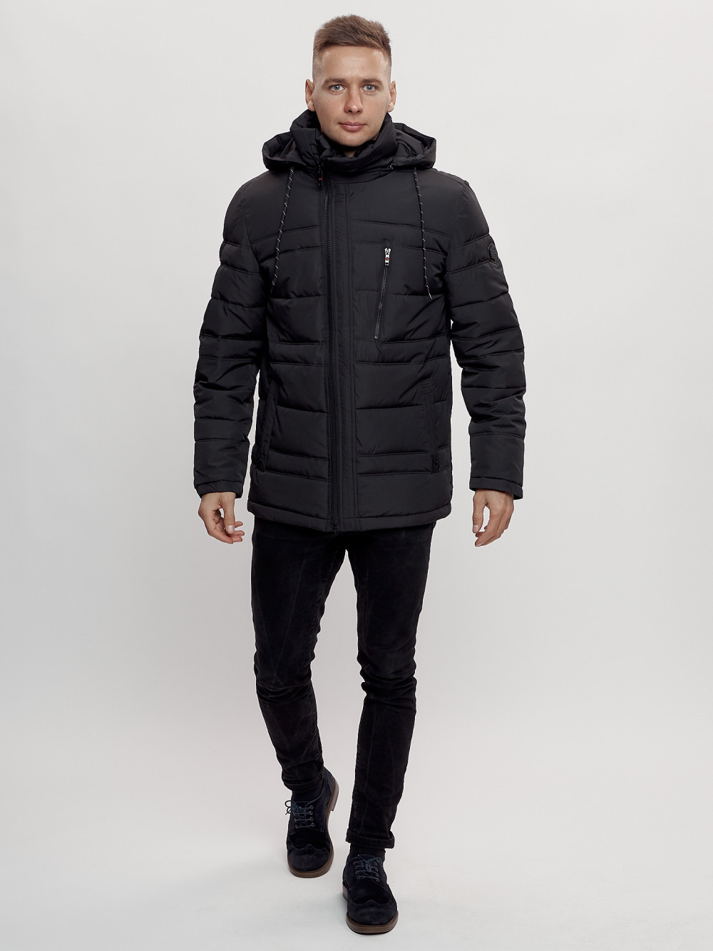 Купить оптом Куртка классическая с мехом мужская черного цвета 3166Ch в Казани