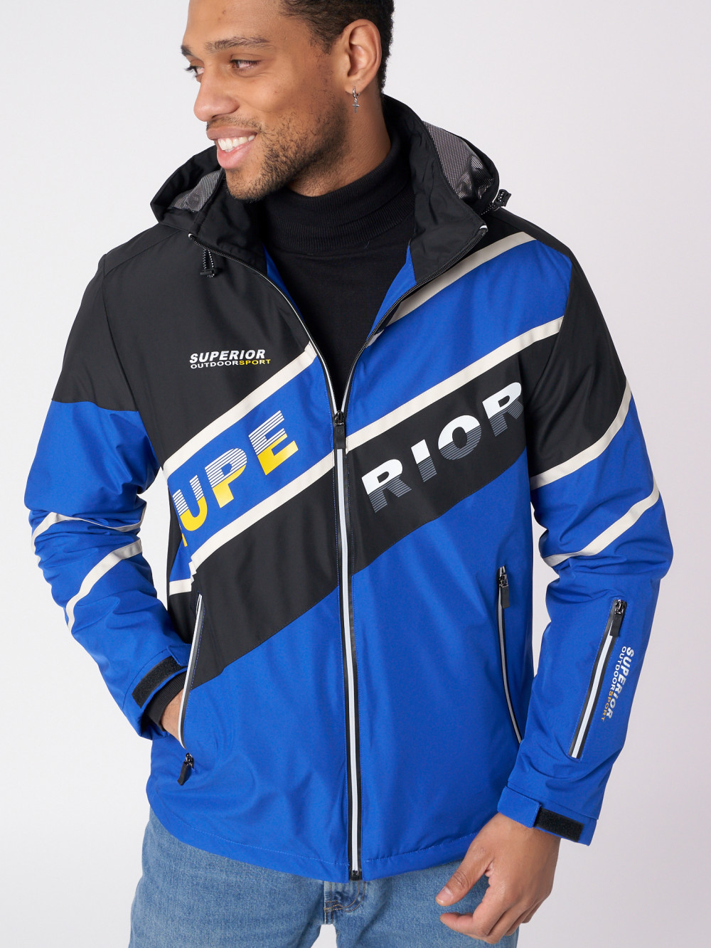 Купить оптом Куртка спортивная мужская с капюшоном синего цвета 3583S в Екатеринбурге