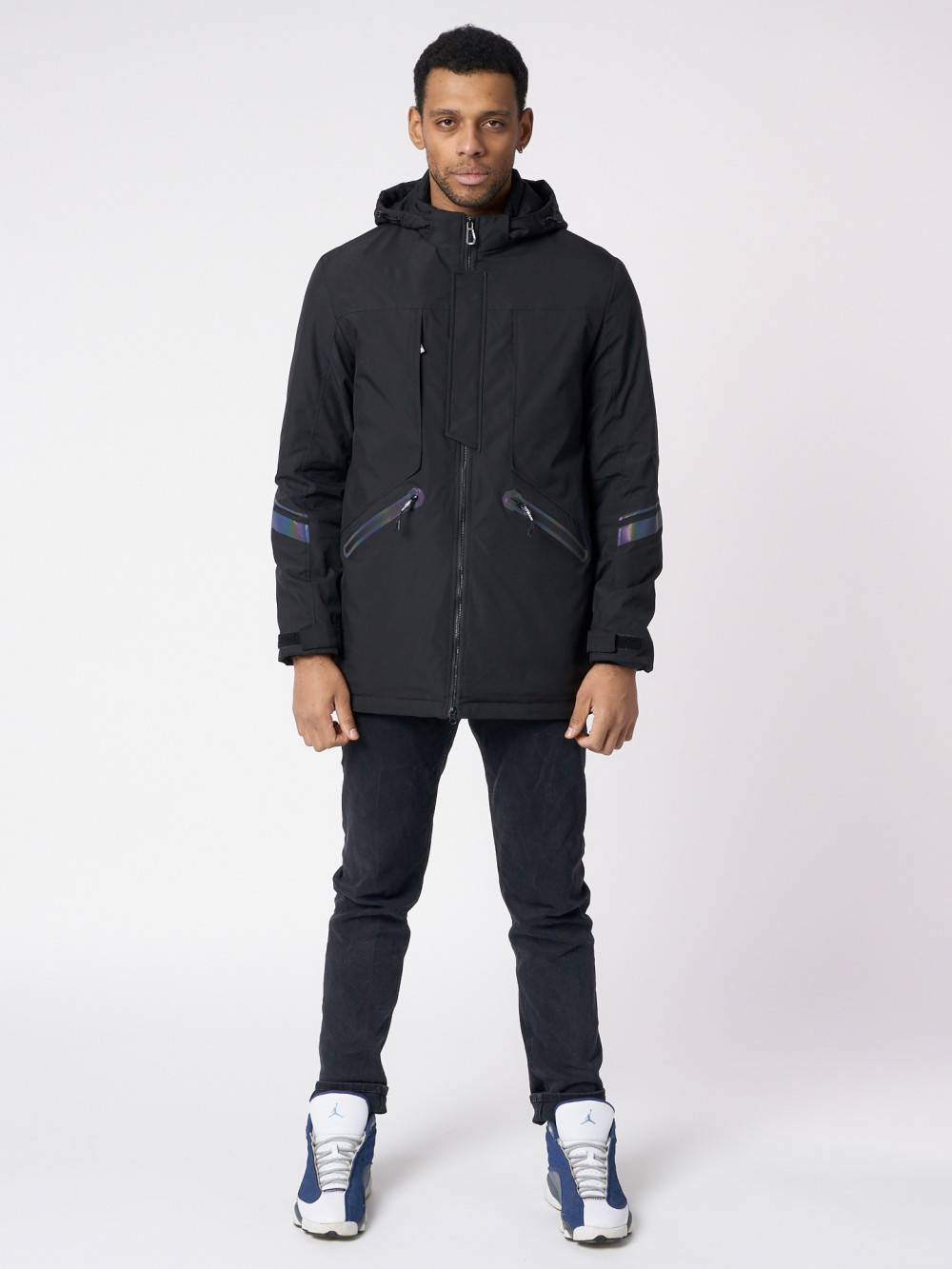 Купить оптом Куртка мужская удлиненная с капюшоном черного цвета 88611Ch в Екатеринбурге