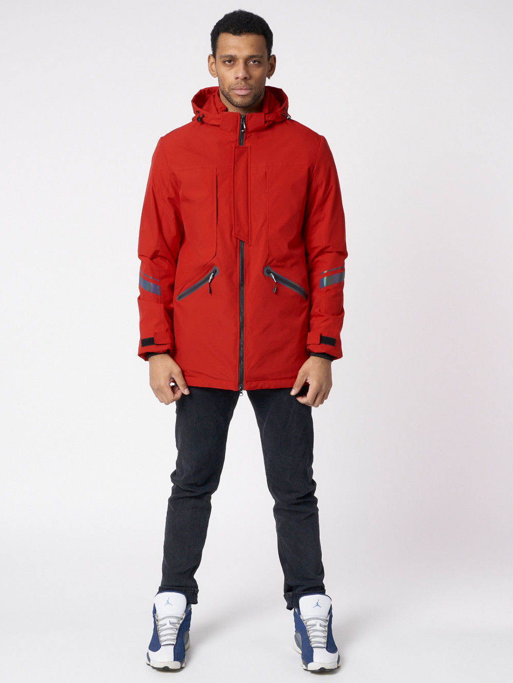 Купить оптом Куртка мужская удлиненная с капюшоном красного цвета 88611Kr в Екатеринбурге