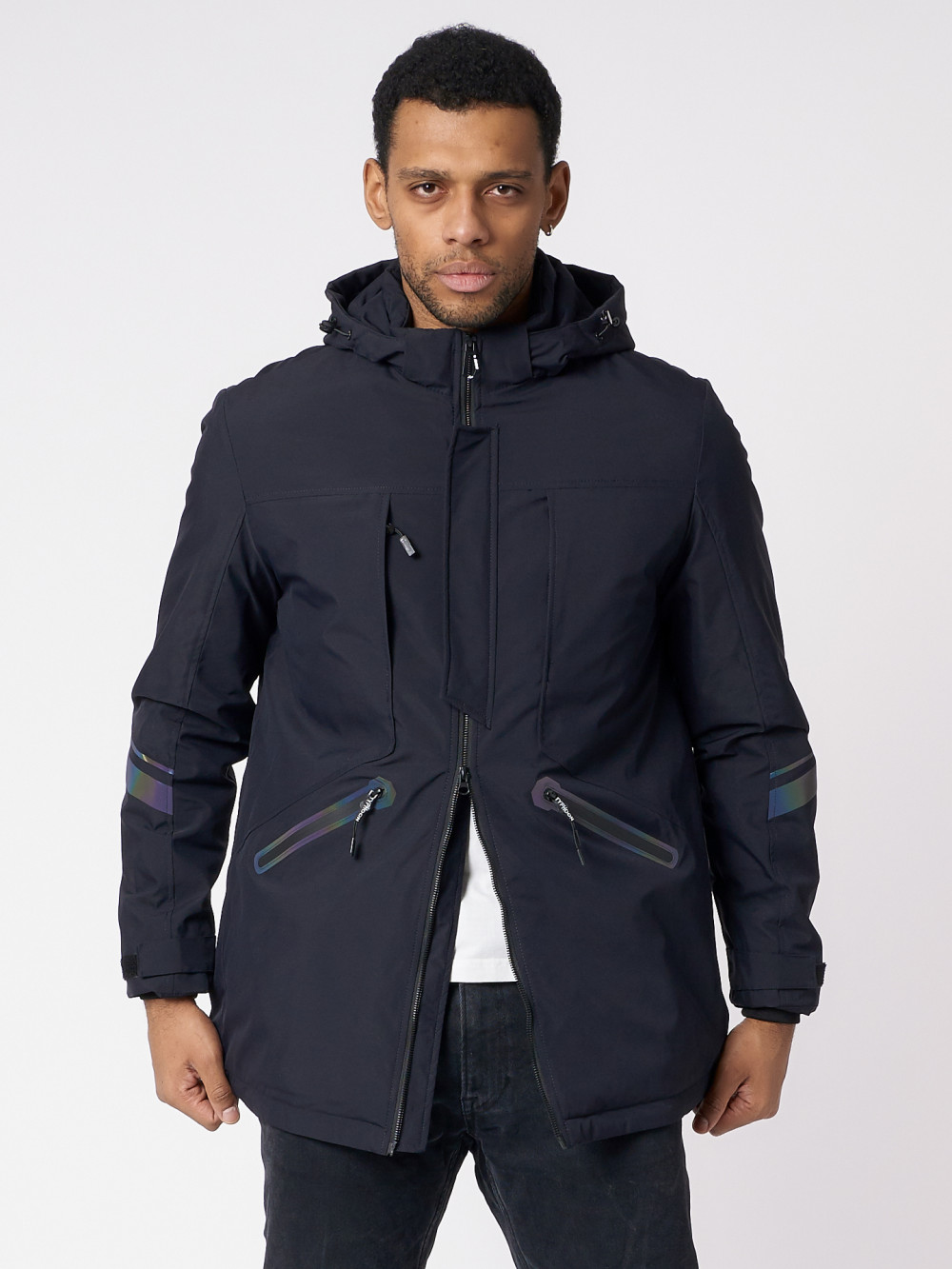 Купить оптом Куртка мужская удлиненная с капюшоном темно-синего цвета 88611TS в Казани