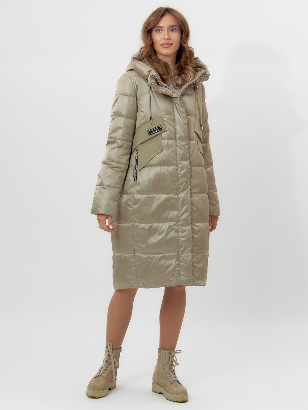 Купить оптом Пальто утепленное женское зимние бежевого цвета 11201B в Екатеринбурге