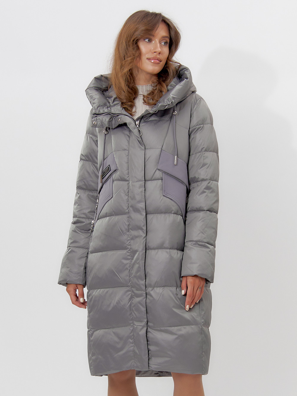 Купить оптом Пальто утепленное женское зимние серого цвета 11201Sr в Екатеринбурге