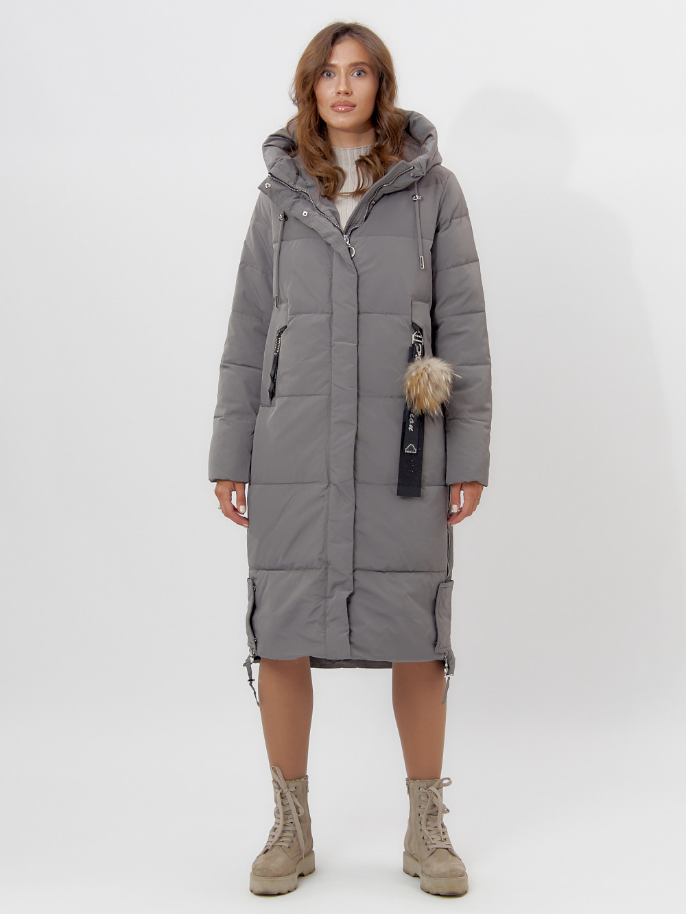 Купить оптом Пальто утепленное женское зимние серого цвета 11207Sr в Екатеринбурге