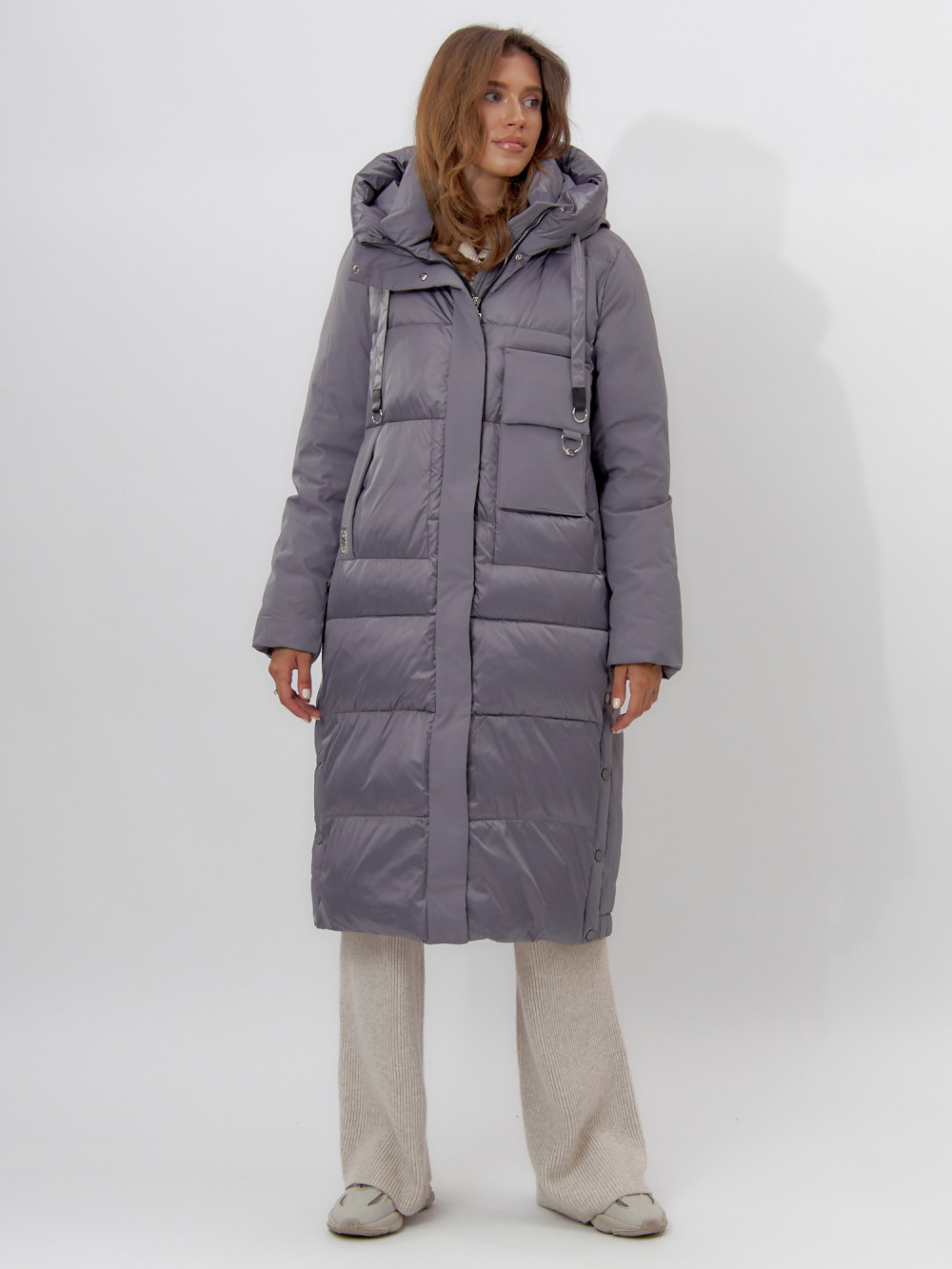 Купить оптом Пальто утепленное женское зимние серого цвета 112261Sr в Екатеринбурге