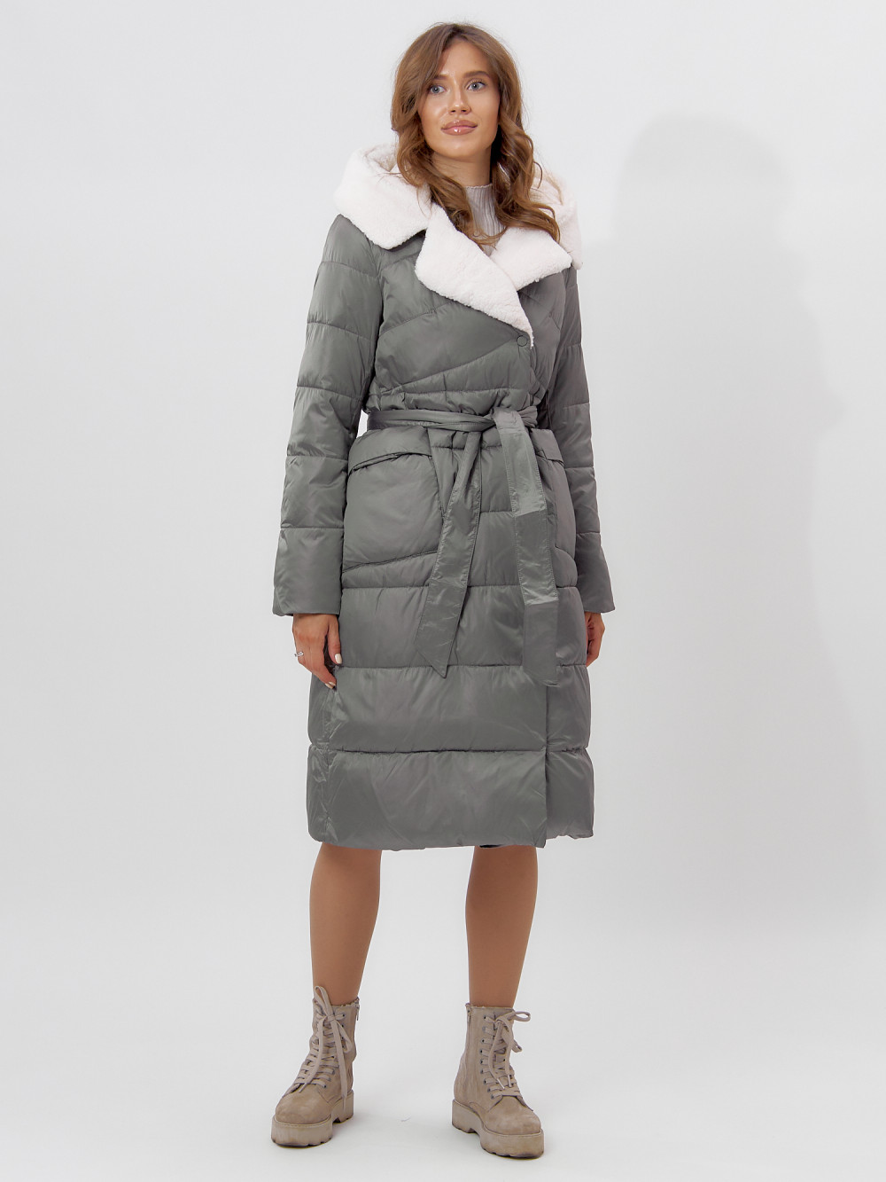 Купить оптом Пальто утепленное женское зимние серого цвета 112268Sr в Екатеринбурге