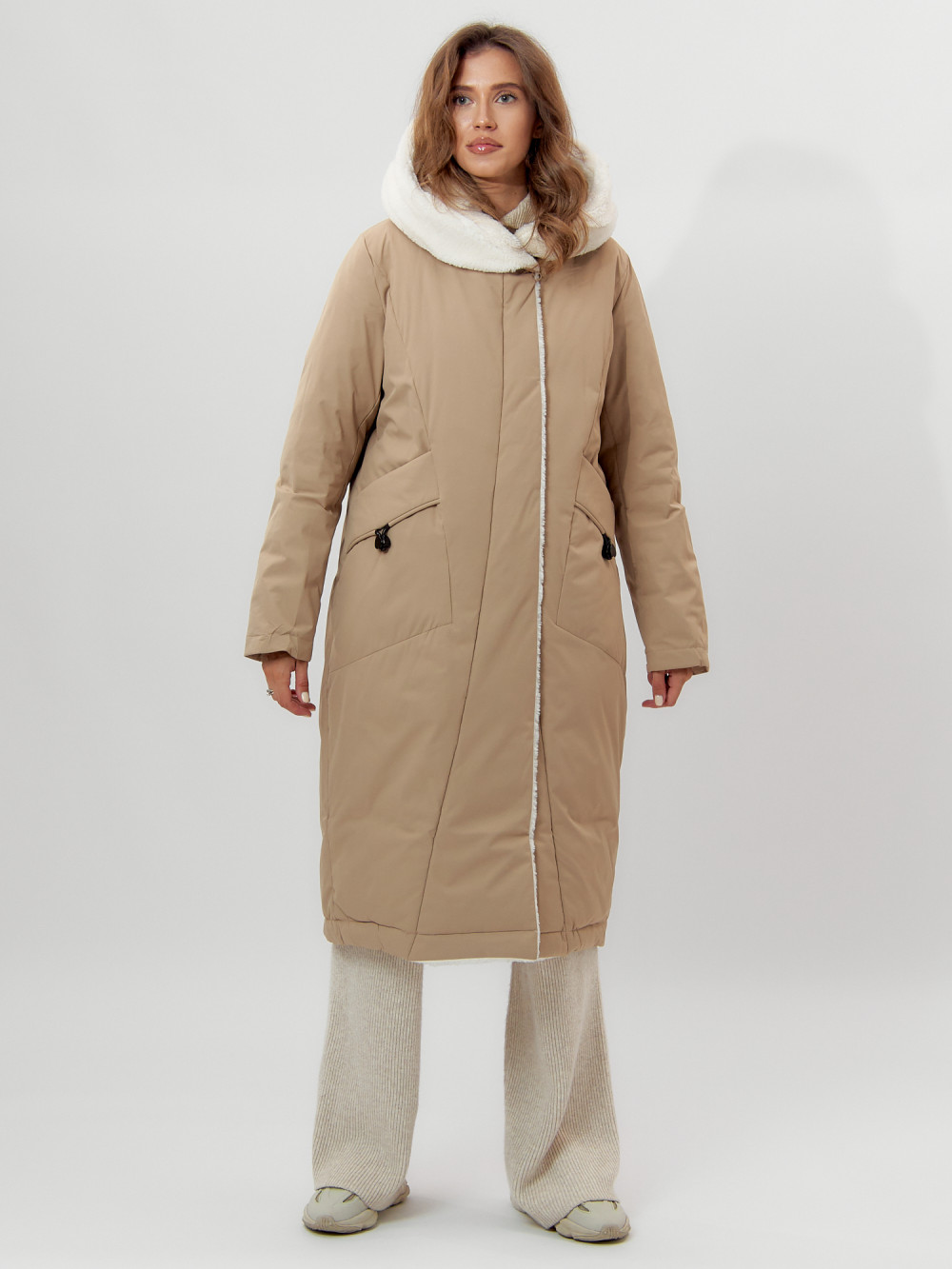 Купить оптом Пальто утепленное женское зимние горчичного цвета 112288G в Екатеринбурге