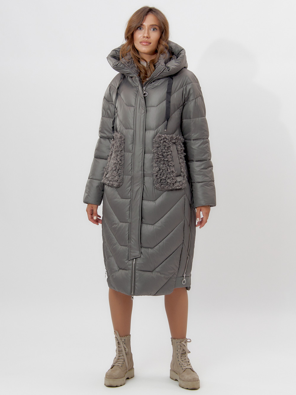 Купить оптом Пальто утепленное женское зимние серого цвета 11608Sr в Екатеринбурге