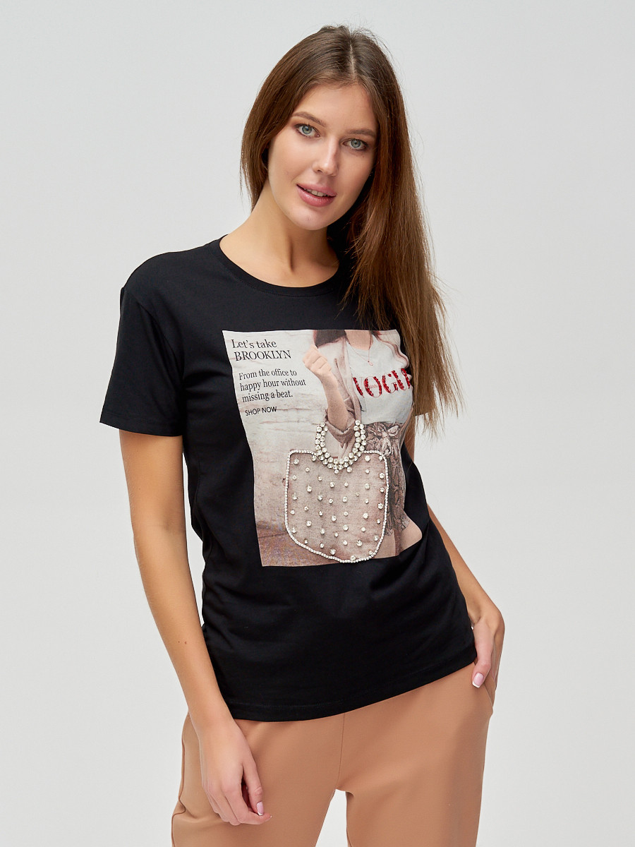 Купить оптом Женские футболки с принтом черного цвета 16027Ch в Екатеринбурге