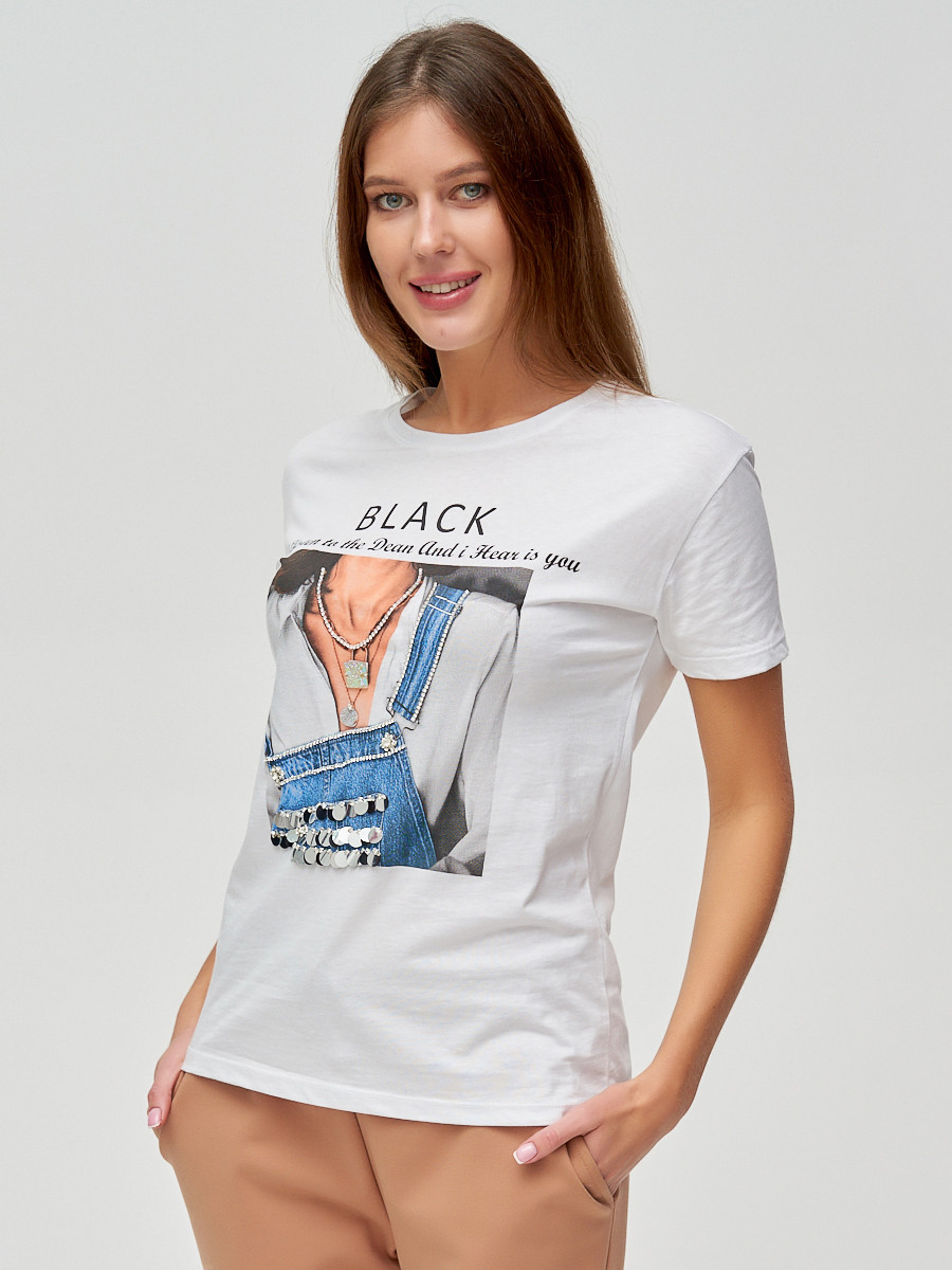 Купить оптом Женские футболки с принтом белого цвета 1614Bl в Казани