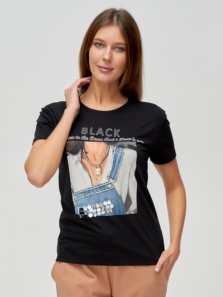 Купить оптом Женские футболки с принтом черного цвета 1614Ch в Казани