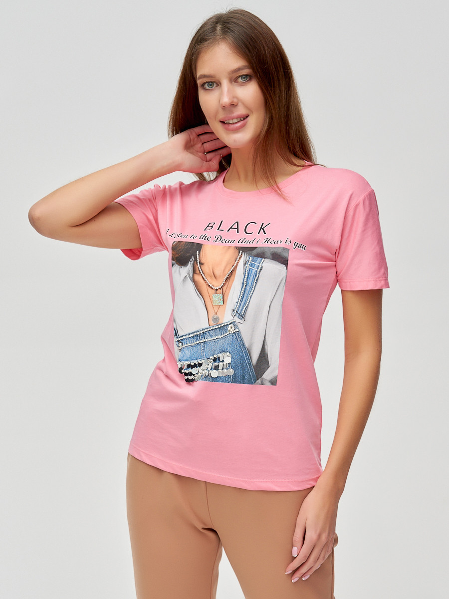 Купить оптом Женские футболки с принтом розового цвета 1614R в Екатеринбурге
