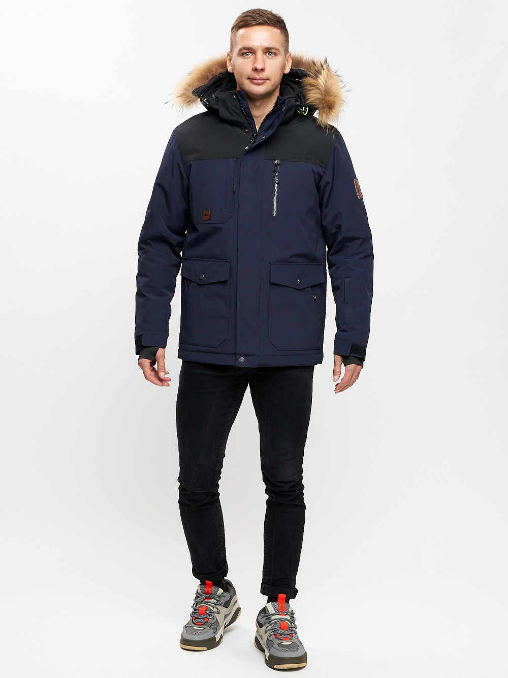 Купить оптом Куртка зимняя MTFORCE мужская удлиненная с мехом темно-синего цвета 2155-1TS в Екатеринбурге