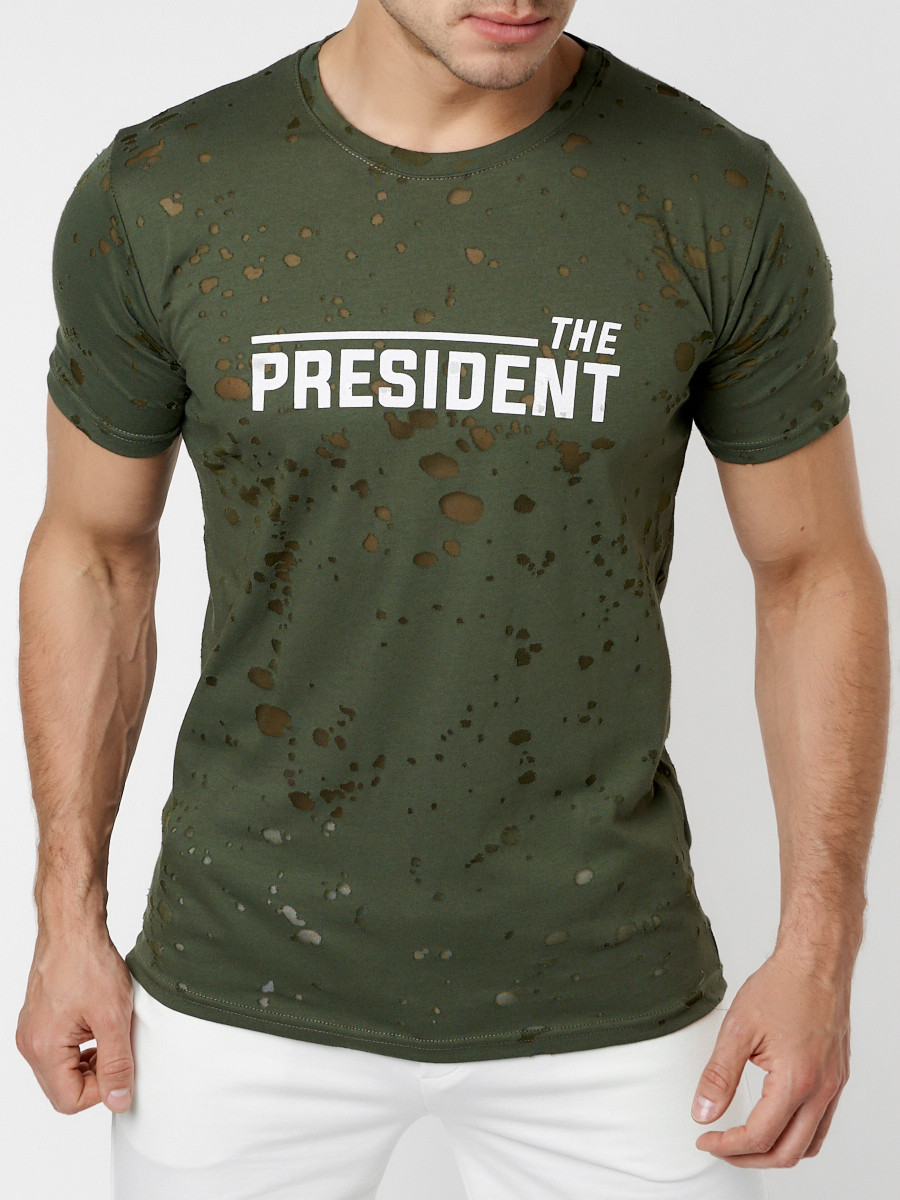 Купить оптом Мужская футболка с надпесью хаки цвета 221038Kh в Екатеринбурге