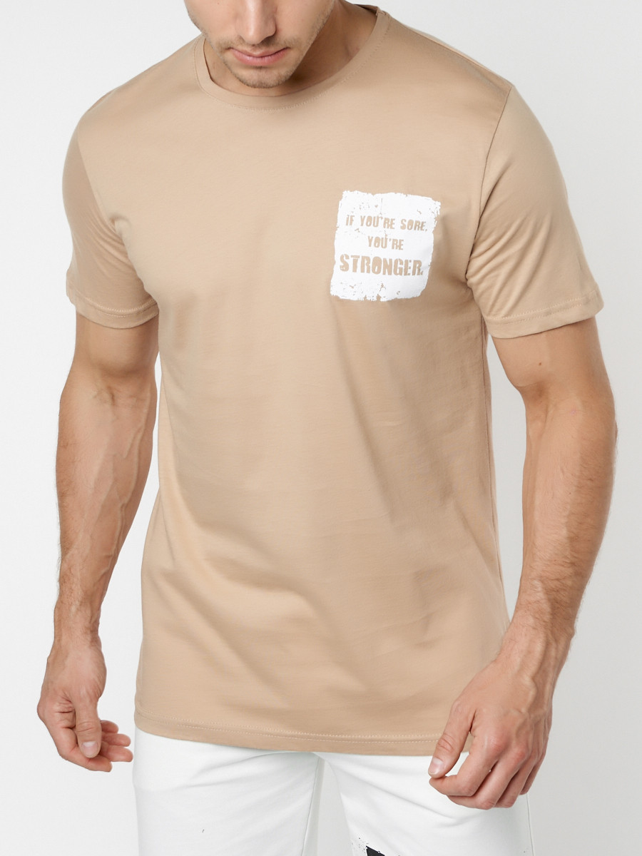 Купить оптом Мужская футболка с принтом бежевого цвета 221147B в Казани
