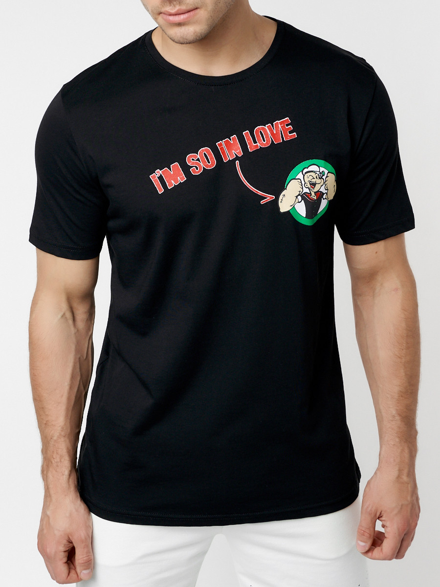 Купить оптом Мужская футболка с принтом черного цвета 221168Ch в Екатеринбурге