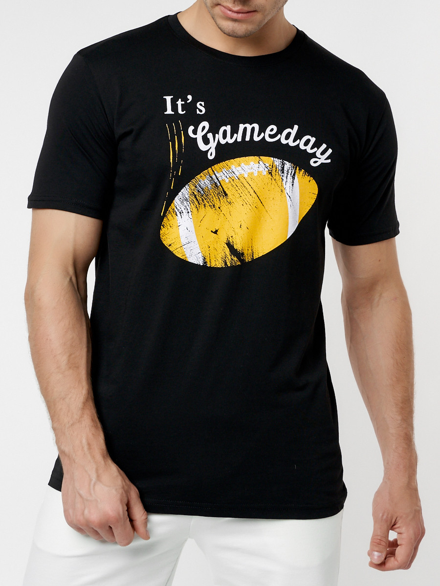 Купить оптом Мужские футболки с принтом желтого цвета 221414J в Казани