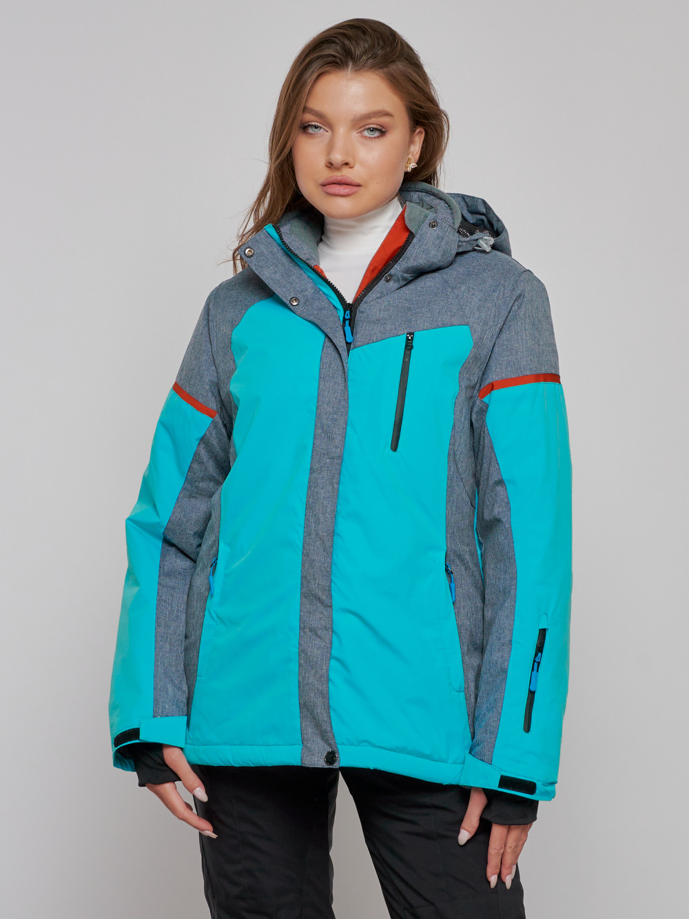 Купить оптом Горнолыжная куртка женская зимняя большого размера бирюзового цвета 2272-3Br в Казани
