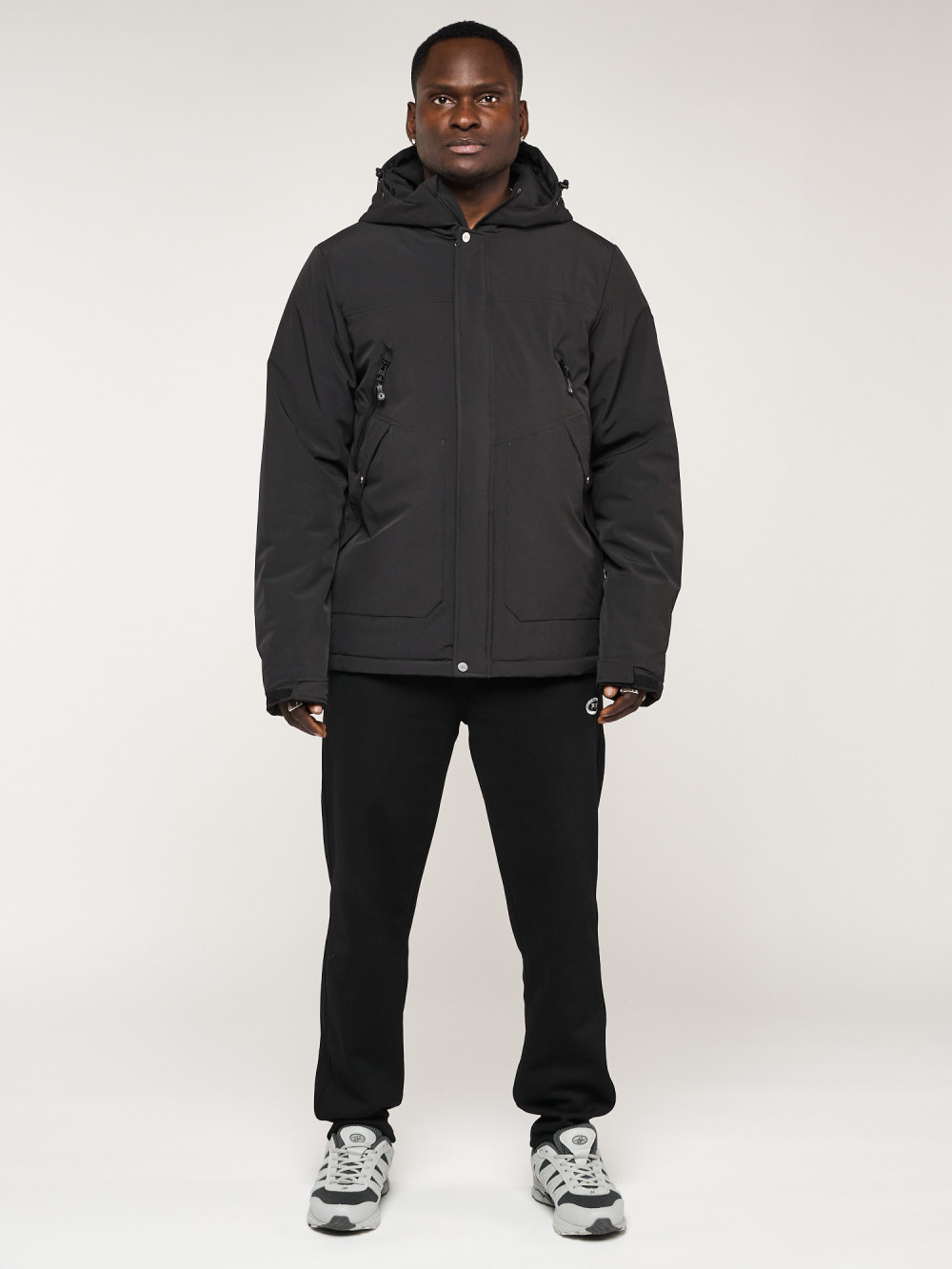 Купить оптом Куртка спортивная MTFORCE мужская с капюшоном черного цвета 2332Ch в Екатеринбурге