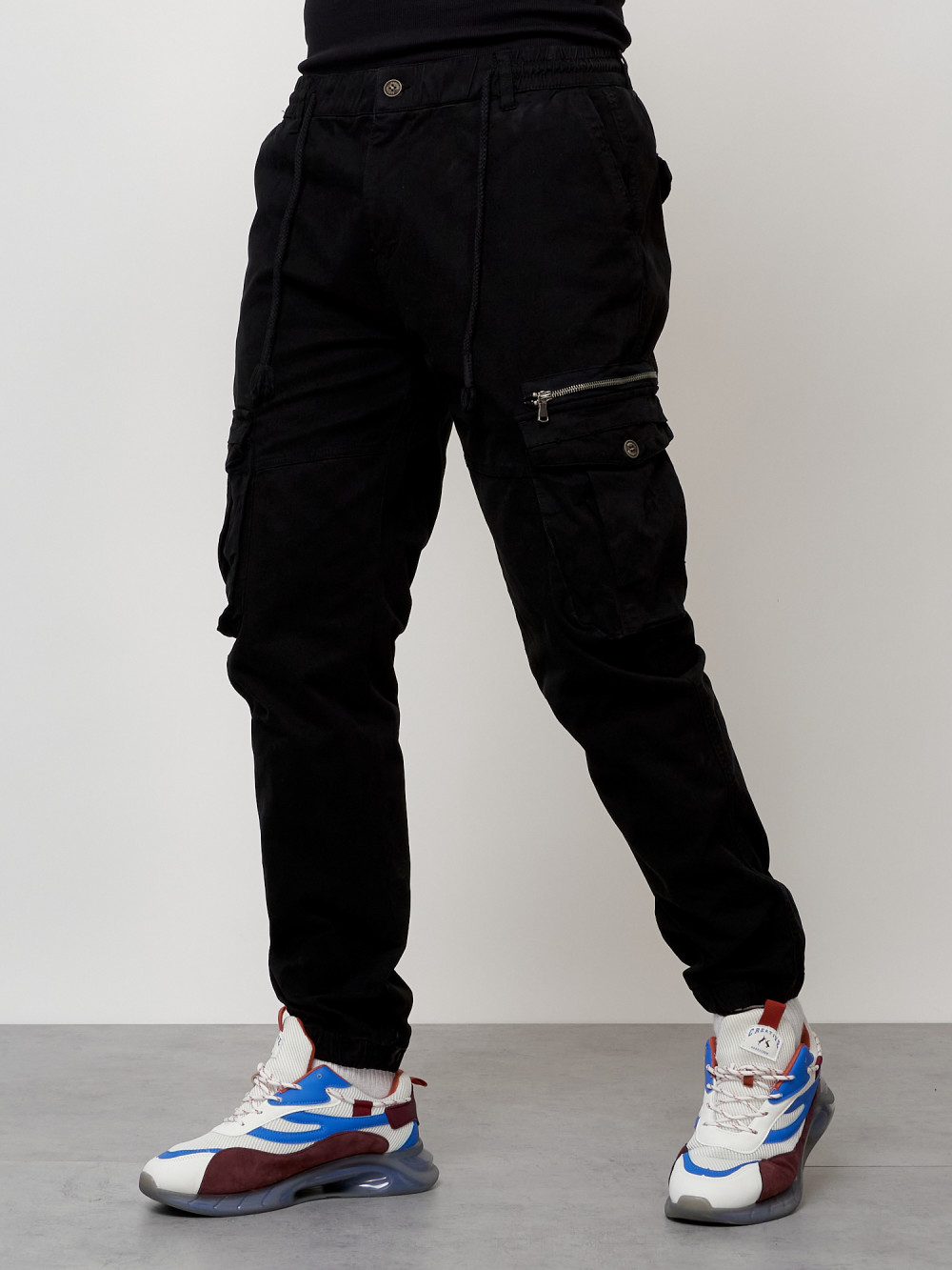 Джинсы карго мужские с накладными карманами черного цвета 2402Ch