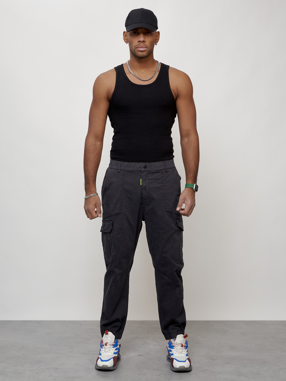 Джинсы карго мужские с накладными карманами темно-серого цвета 2422TC