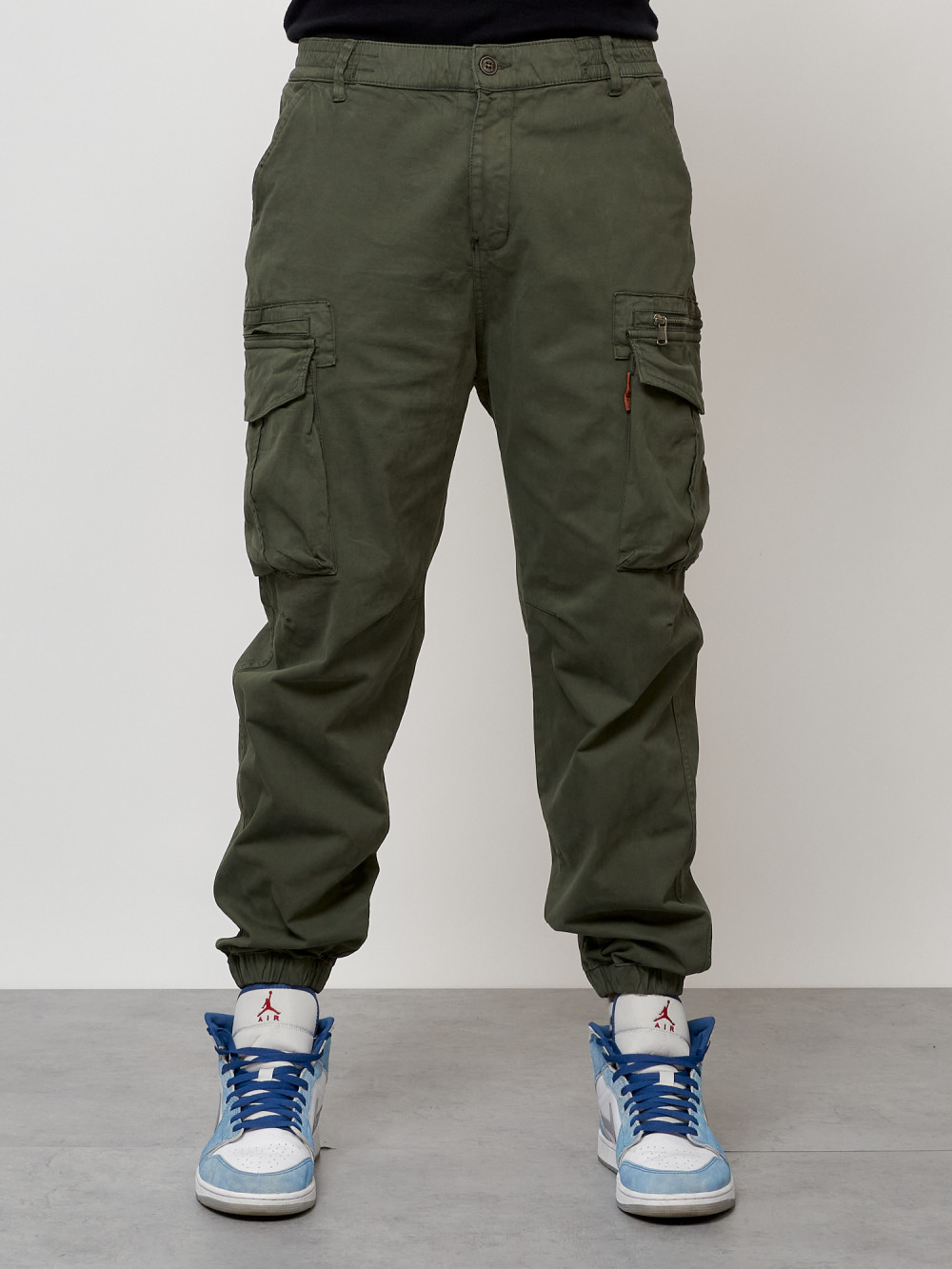 Джинсы карго мужские с накладными карманами цвета хаки 2425Kh