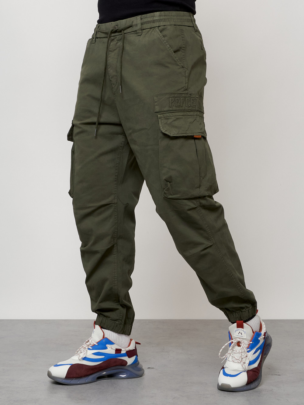 Джинсы карго мужские с накладными карманами цвета хаки 2428Kh