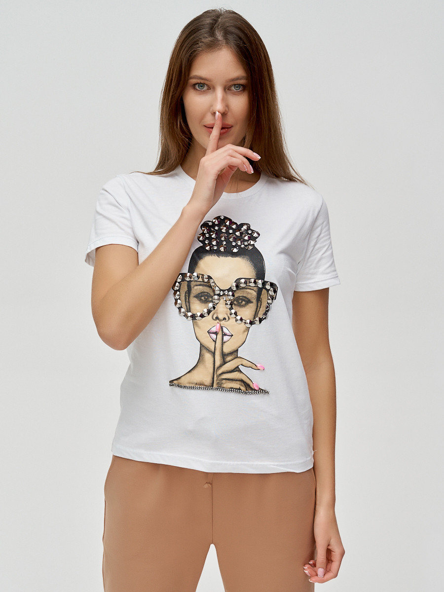 Купить оптом Женские футболки с принтом белого цвета 3130Bl в Казани