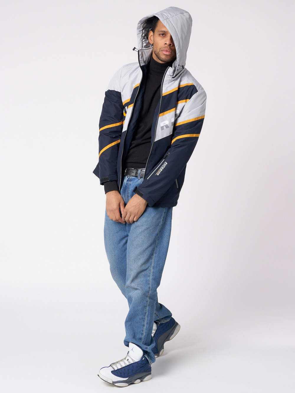 Купить оптом Куртка спортивная мужская с капюшоном темно-синего цвета 3583TS в Екатеринбурге