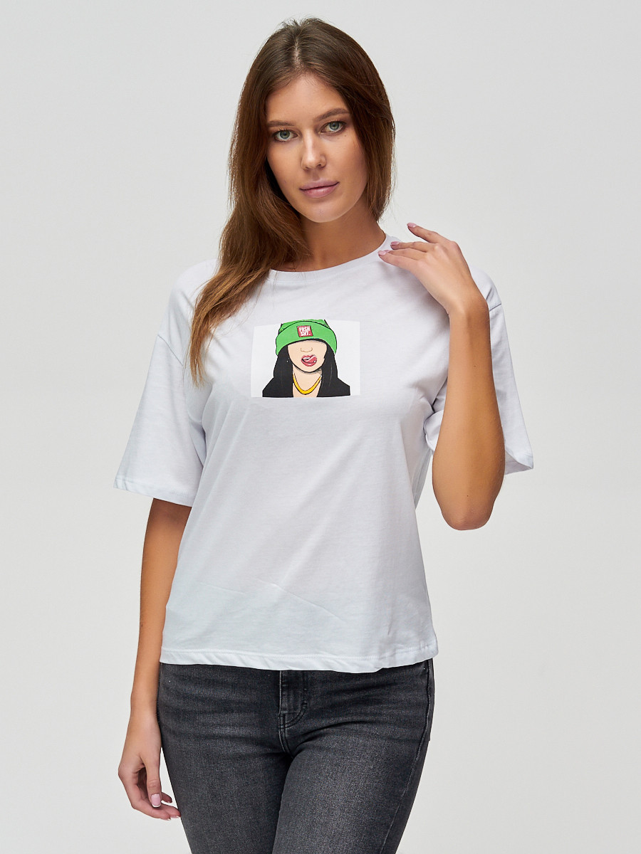 Купить оптом Женские футболки с принтом белого цвета 50003Bl в Екатеринбурге