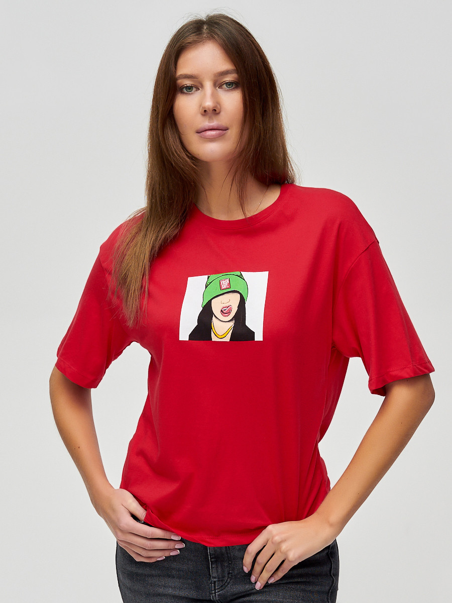 Купить оптом Женские футболки с принтом красного цвета 50003Kr в Екатеринбурге