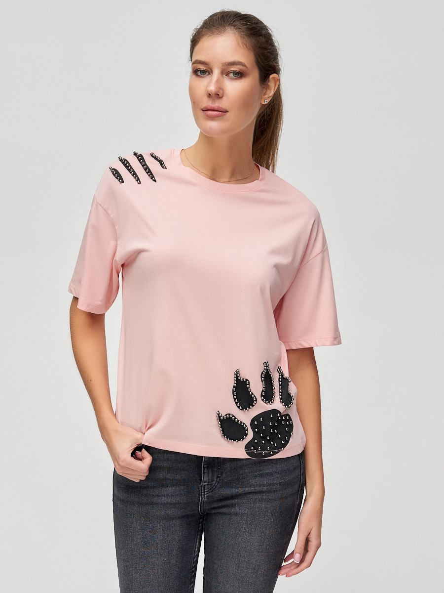 Купить оптом Женские футболки с принтом розового цвета 50004R в Екатеринбурге