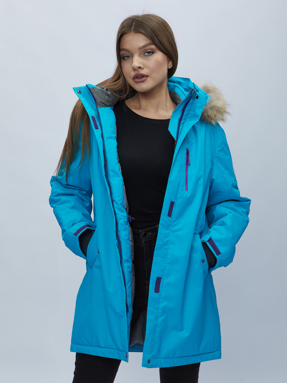 Купить оптом Парка женская с мехом зимняя большого размера синего цвета 552022S в Екатеринбурге
