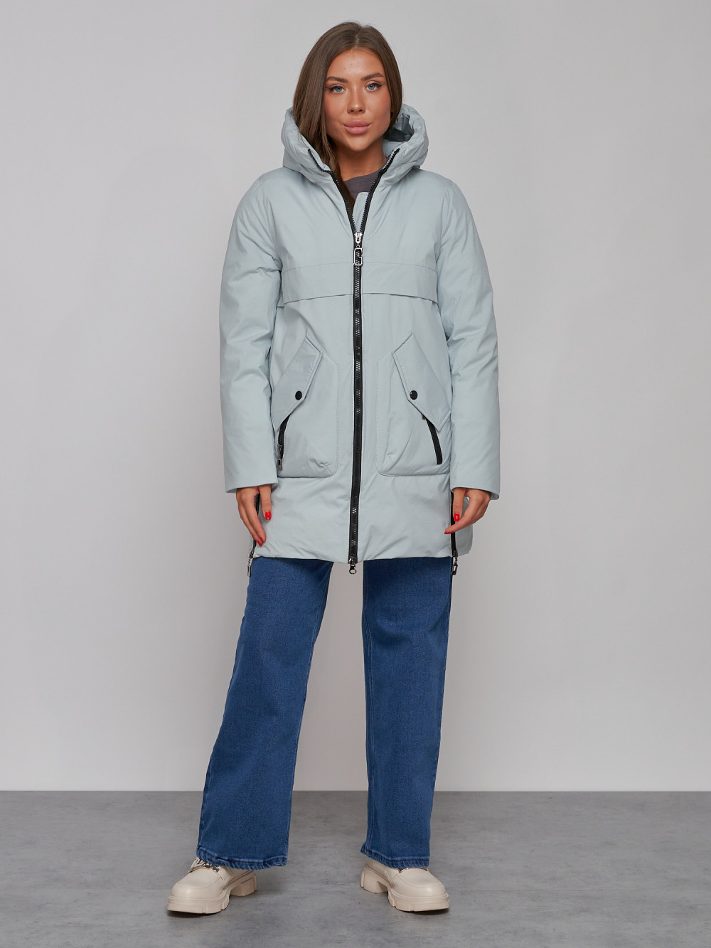 Купить оптом Зимняя женская куртка молодежная с капюшоном бирюзового цвета 58622Br в Казани