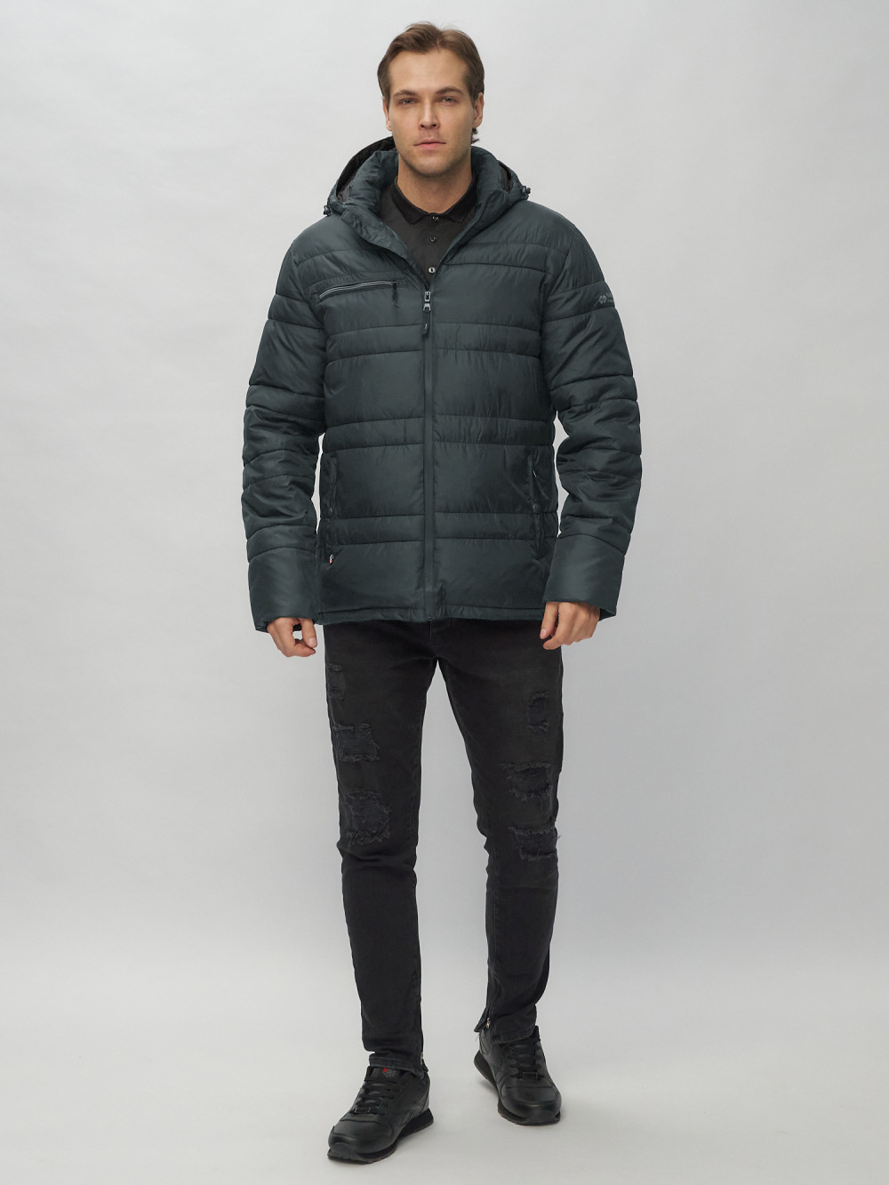 Купить оптом Куртка спортивная мужская с капюшоном темно-серого цвета 62175TC в Казани