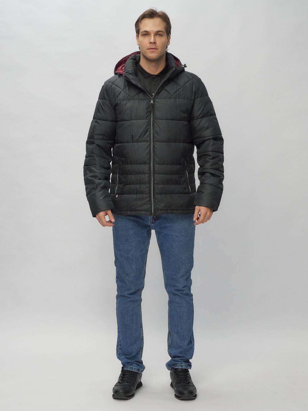Купить оптом Куртка спортивная мужская с капюшоном черного цвета 62179Ch в Екатеринбурге