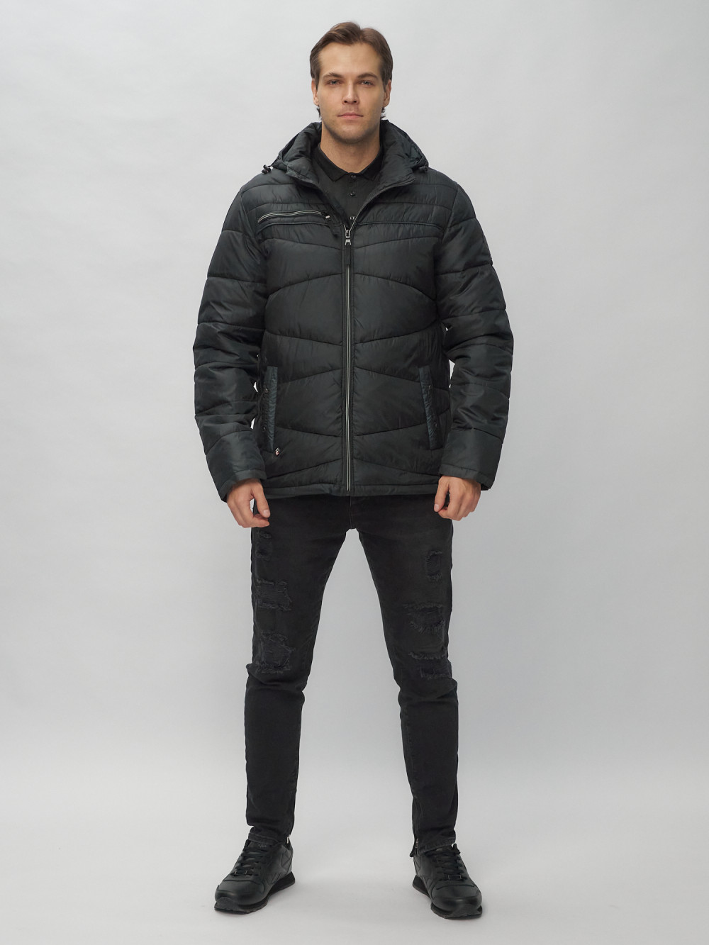 Купить оптом Куртка спортивная мужская с капюшоном черного цвета 62188Ch в Екатеринбурге