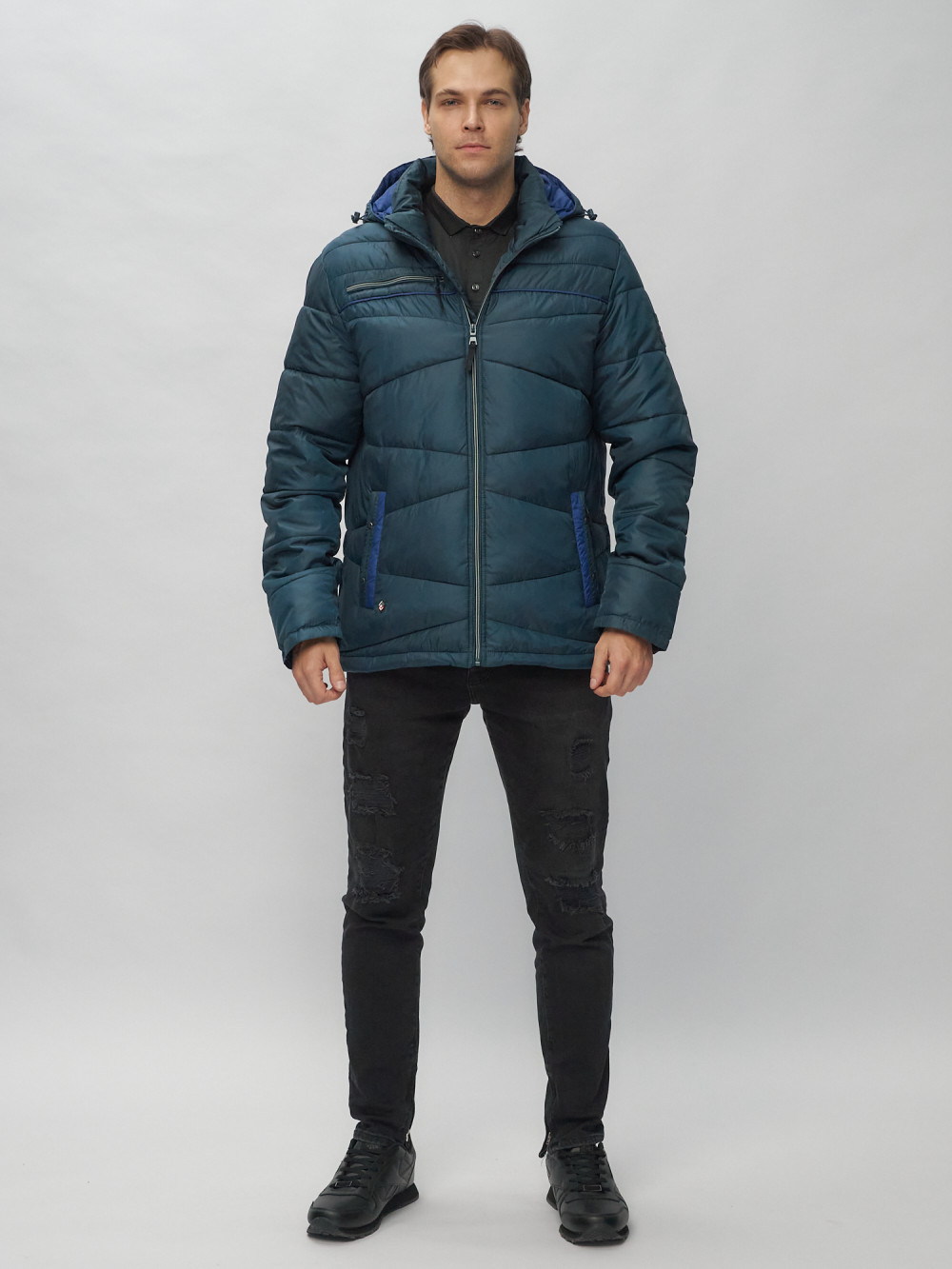 Купить оптом Куртка спортивная мужская с капюшоном темно-синего цвета 62188TS в Екатеринбурге
